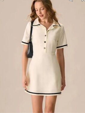 Cream Short-Sleeve Knit Dress with Black Trim